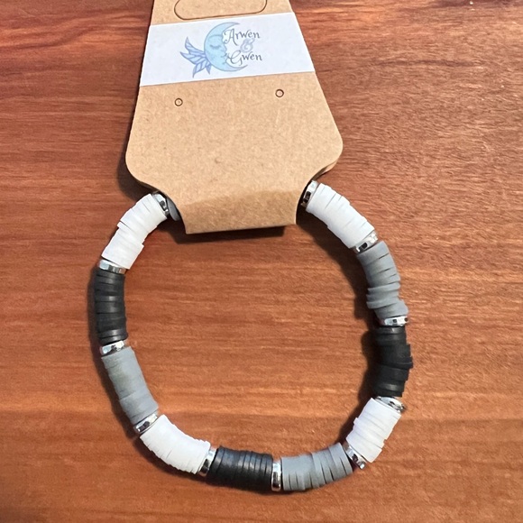 Clay Beads Stretchy Bracelet Black, Gray And White - Picture 2 of 2